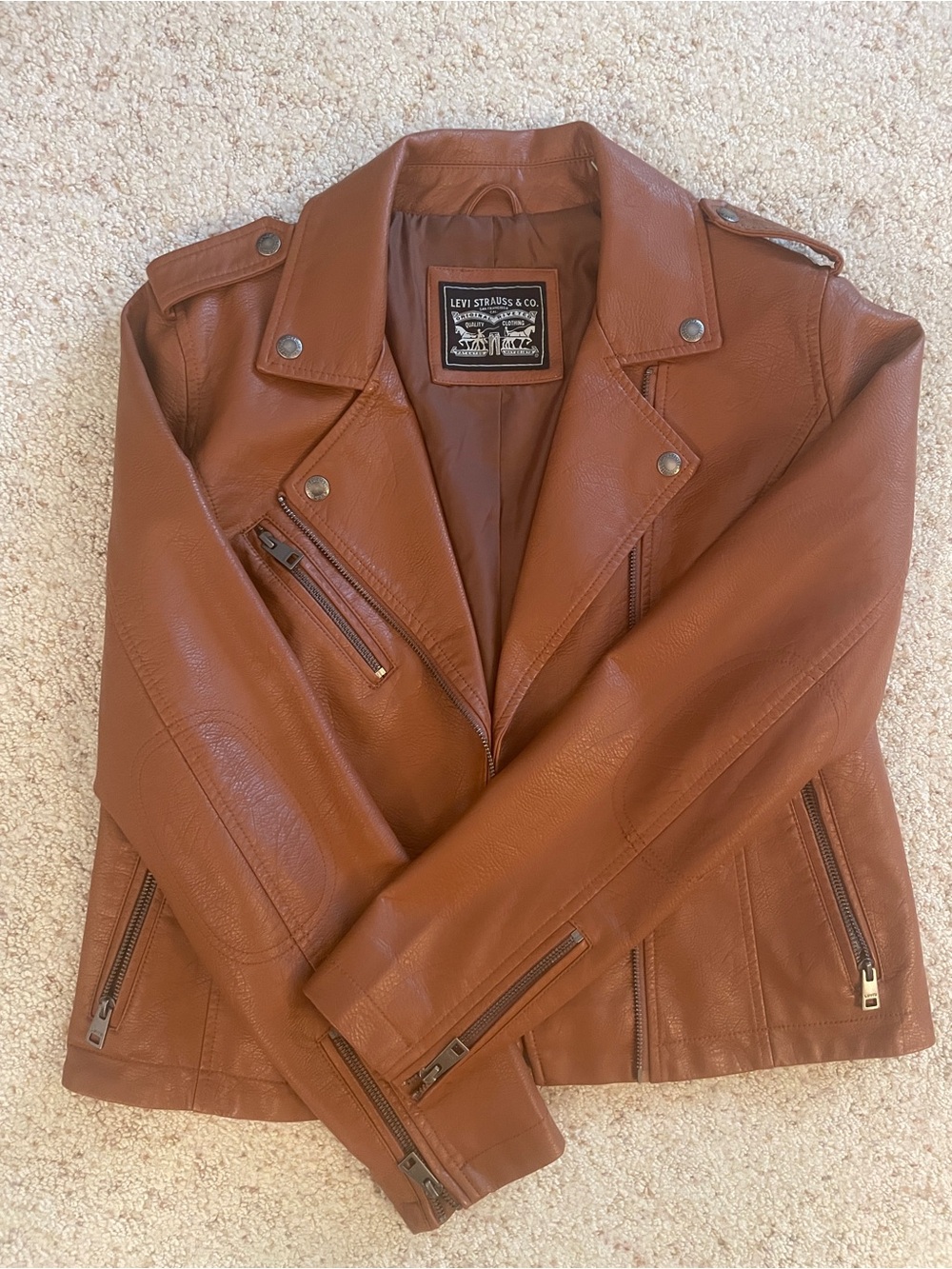 Levi's Faux Leather Moto Jacket - Cognac brown, size medium